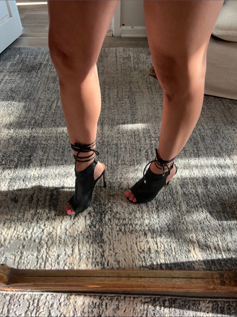 Top Shop Black Leather Lace-Up Peep Toe Wrap Sandal Heel